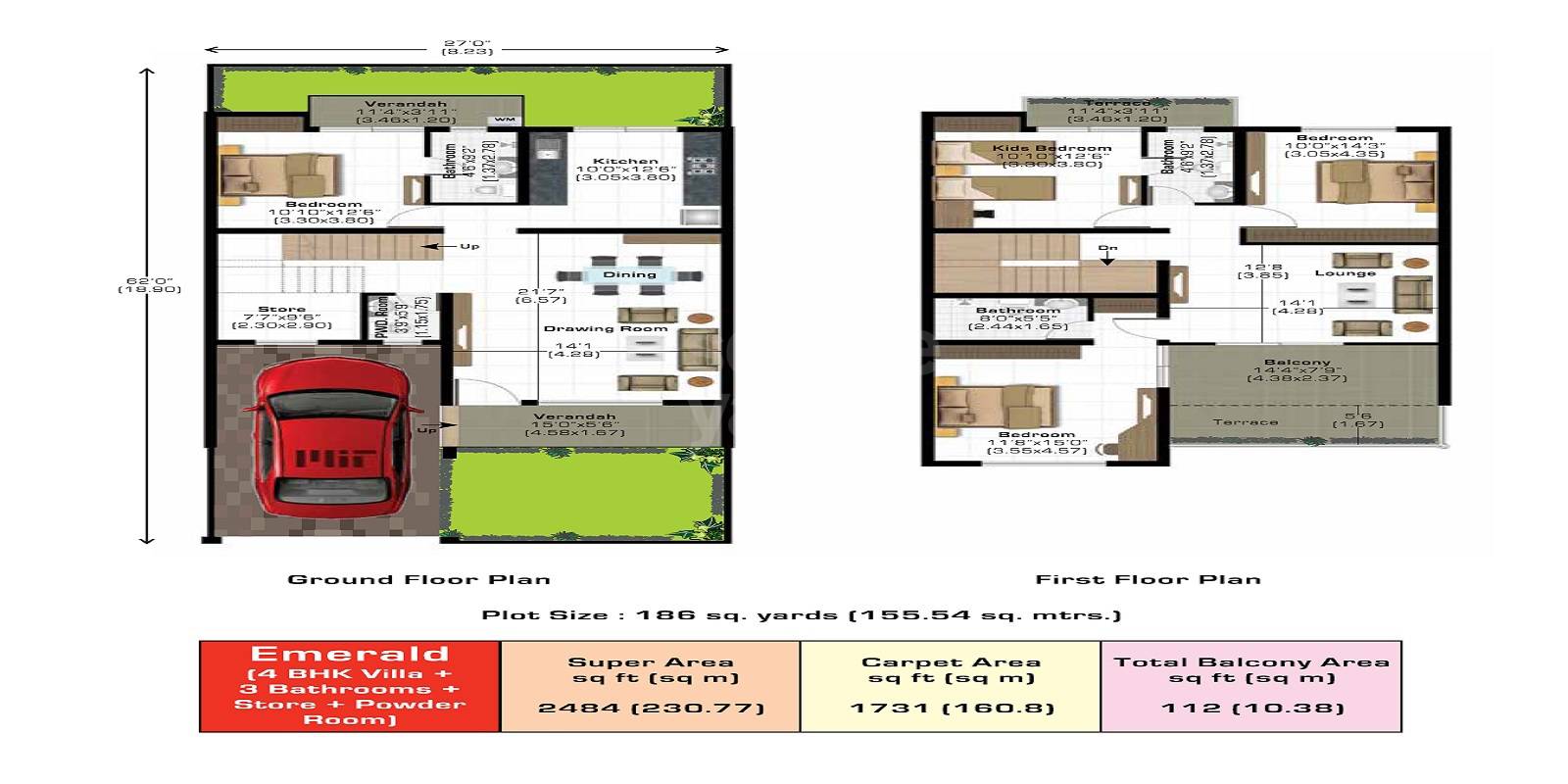 Floor plan of 4 BHK 2484 Sq. Ft. Villa in Ashiana Gulmohar Gardens Villas, Jaipur