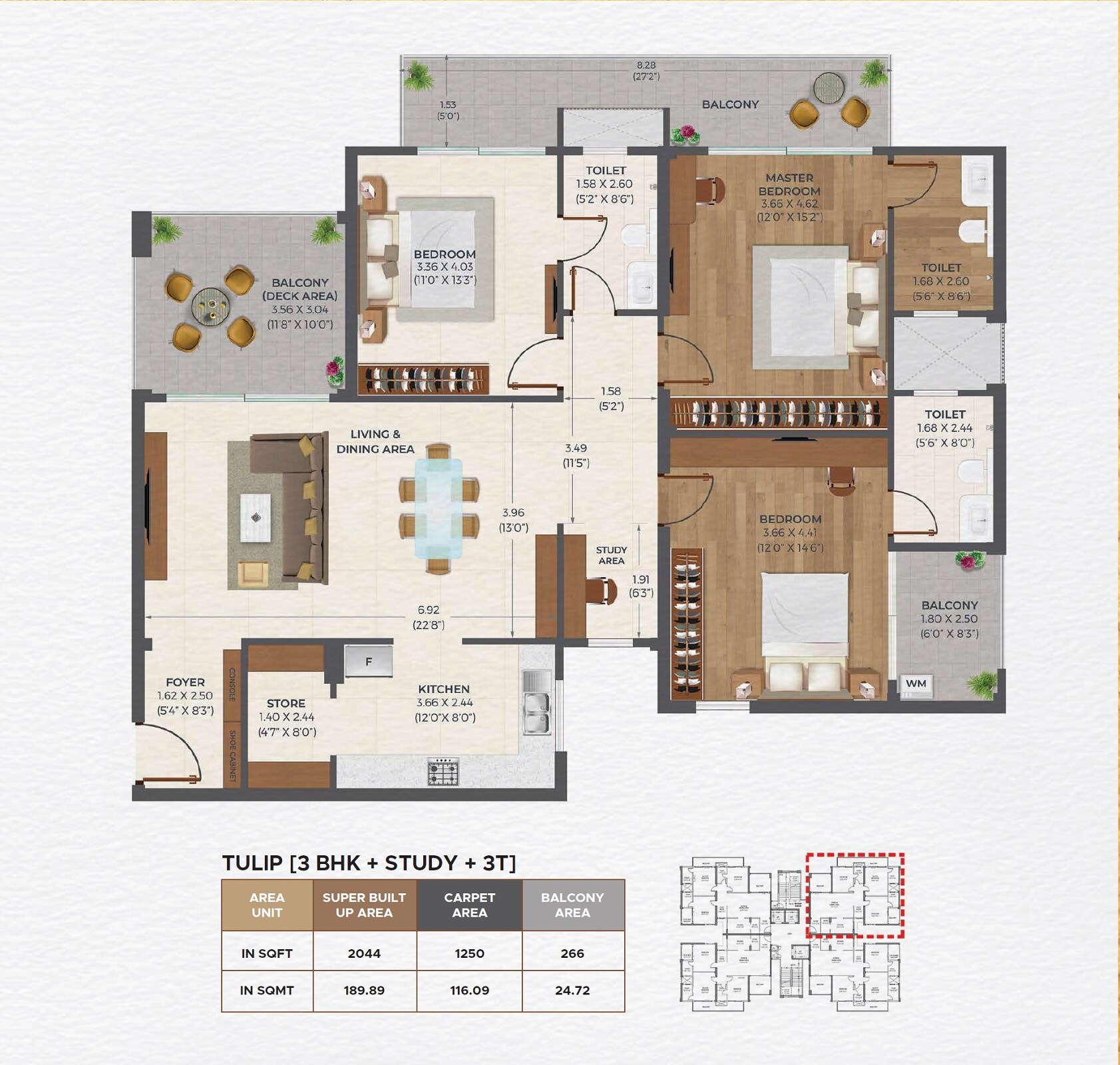 Floor plan of 3 BHK 2044 Sq. Ft. Apartment in Ashiana Oma, Jaipur