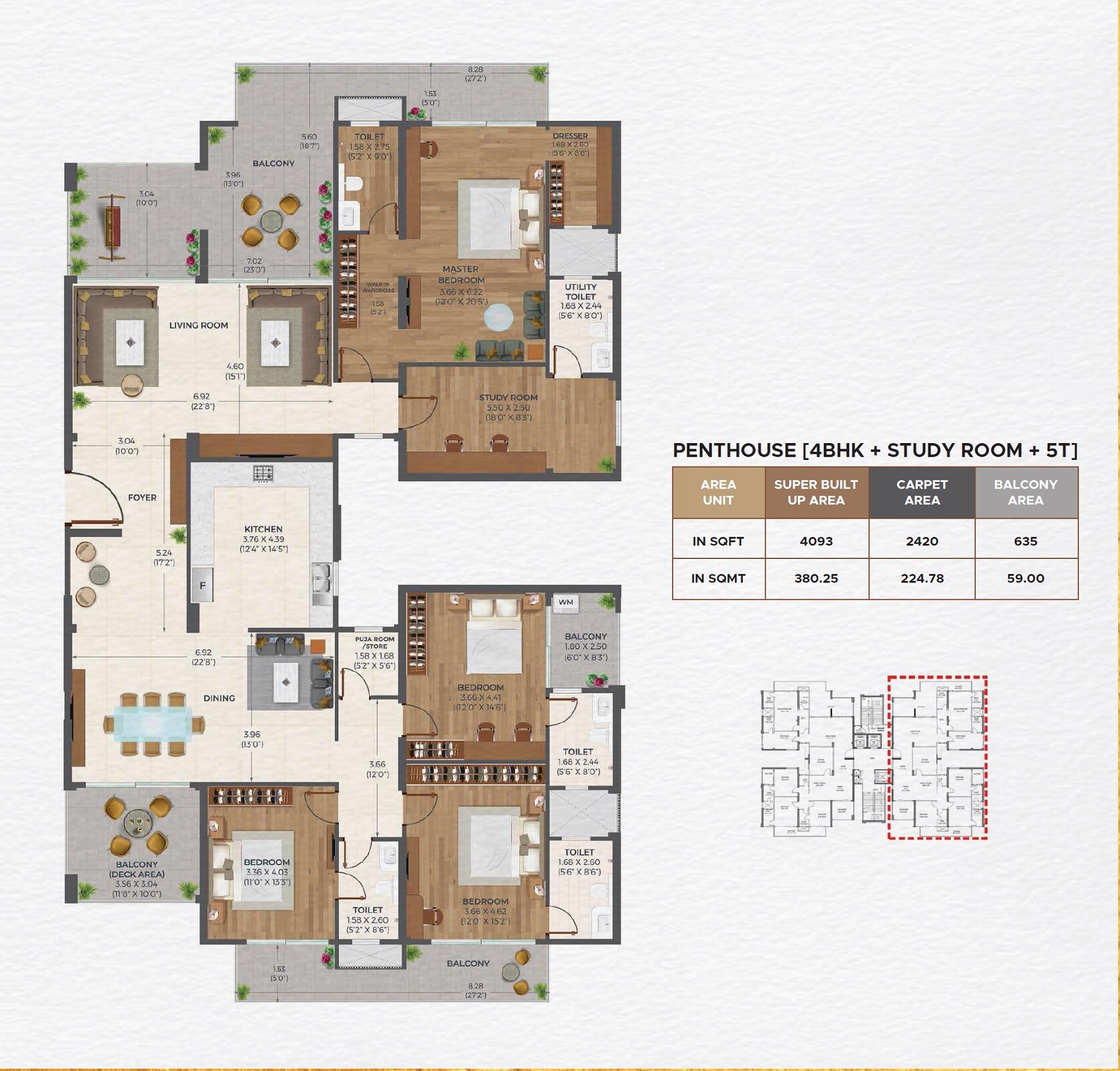 Floor plan of 4 BHK 4093 Sq. Ft. Penthouse in Ashiana Oma, Jaipur