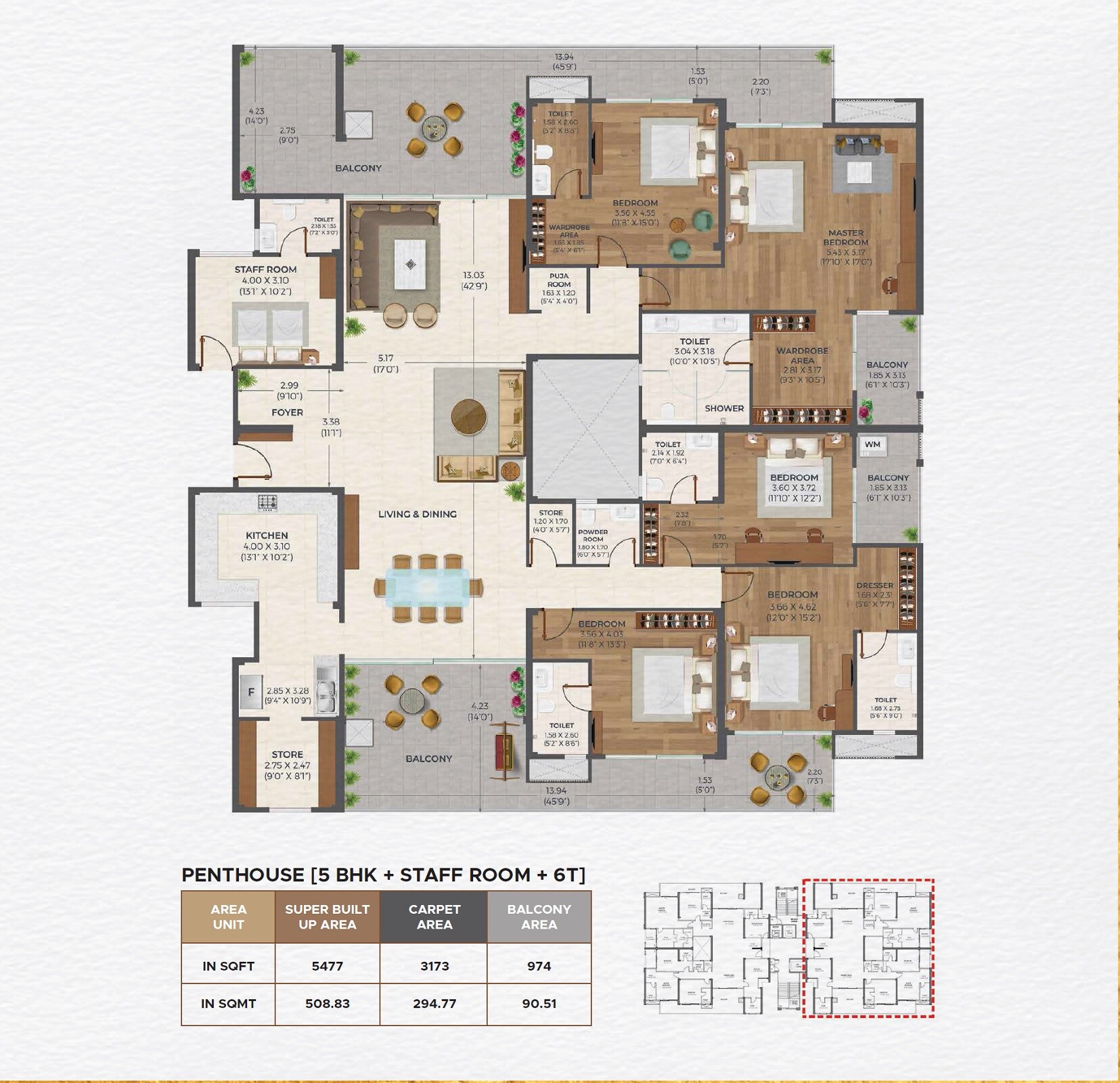 Floor plan of 5 BHK 5477 Sq. Ft. Penthouse in Ashiana Oma, Jaipur