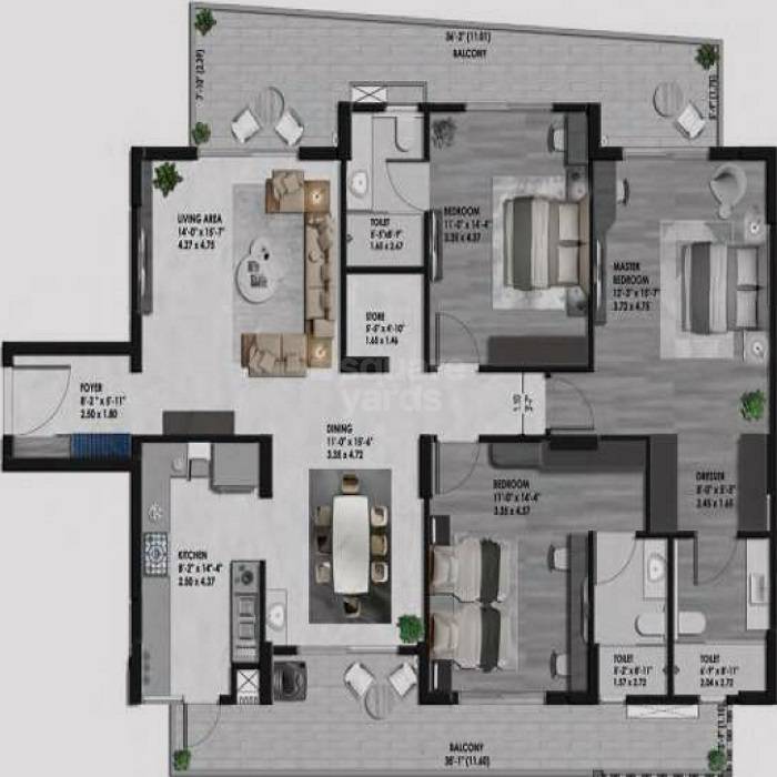 Floor plan of 3 BHK 1375 Sq. Ft. Apartment in Ashiana One44, Jaipur