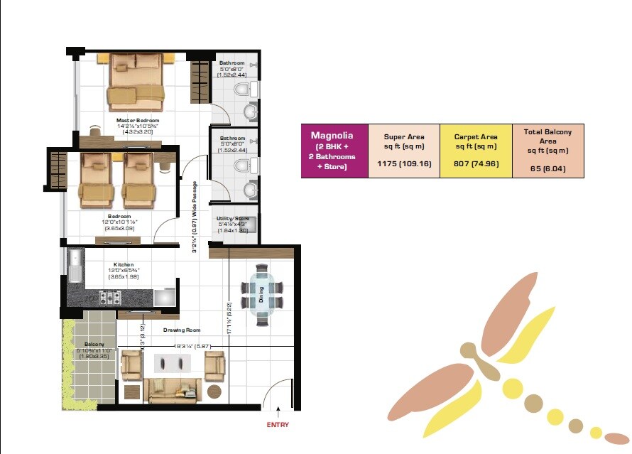Floor plan of 2 BHK 1175 Sq. Ft. Apartment in Ashiana Vrinda Gardens, Jaipur