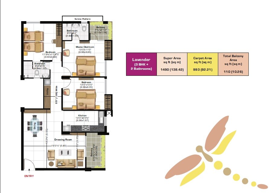 Floor plan of 3 BHK 1490 Sq. Ft. Apartment in Ashiana Vrinda Gardens, Jaipur