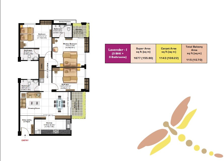 Floor plan of 3 BHK 1677 Sq. Ft. Apartment in Ashiana Vrinda Gardens, Jaipur
