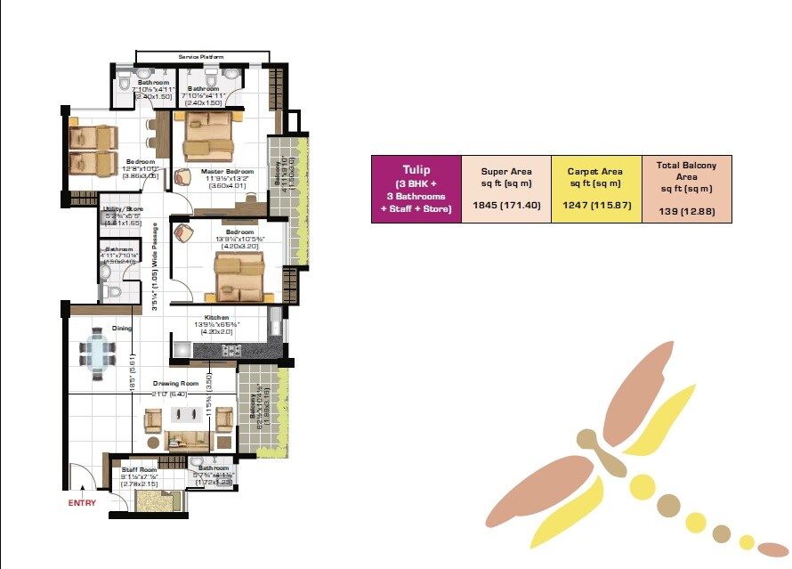 Floor plan of 3 BHK 1845 Sq. Ft. Apartment in Ashiana Vrinda Gardens, Jaipur