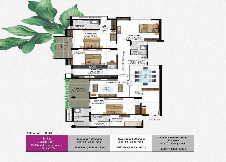 Floor plan of 4 BHK 2415 Sq. Ft. Apartment in Ashiana Vrinda Gardens, Jaipur