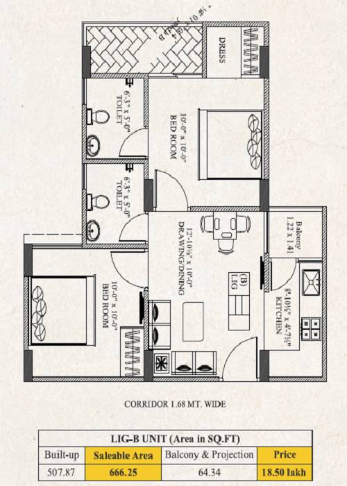 2 BHK 666 Sq. Ft. Apartment