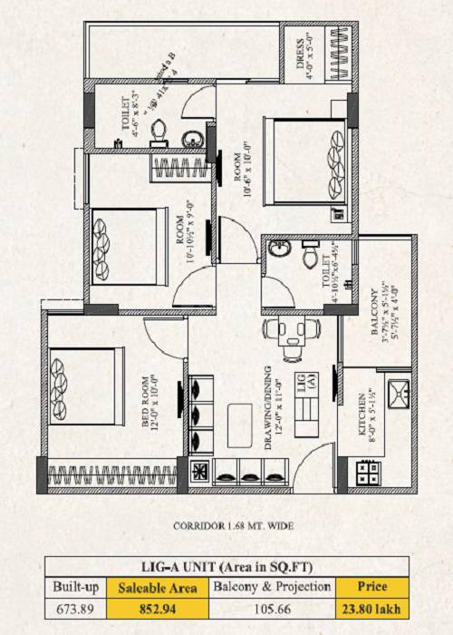3 BHK 853 Sq. Ft. Apartment