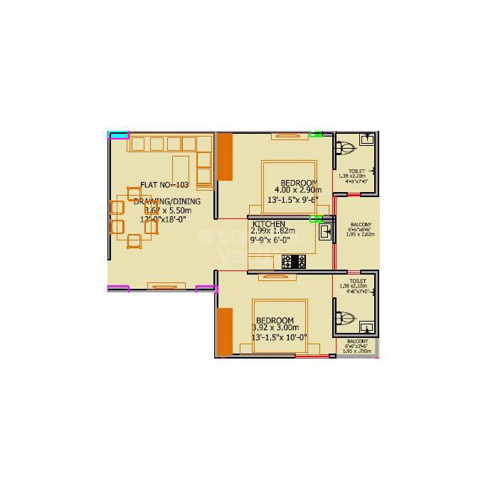 2 BHK 614 Sq. Ft. Apartment