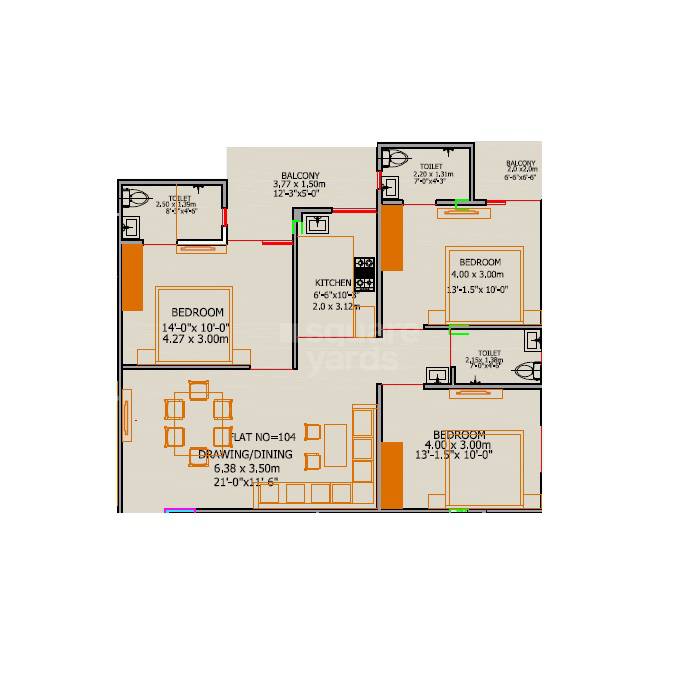 Floor plan of 3 BHK Apartment - 821 sq. ft. in Astha Askg Heights, Jaipur