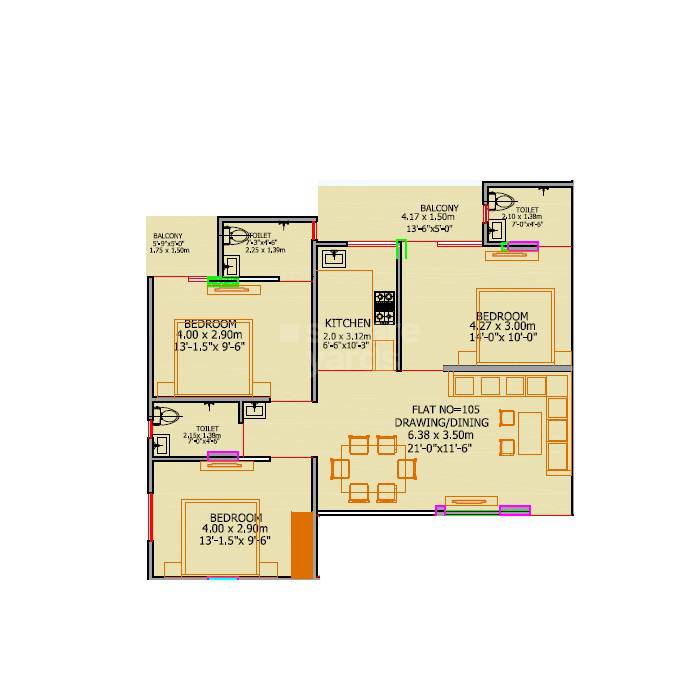 Floor plan of 3 BHK Apartment - 867 sq. ft. in Astha Askg Heights, Jaipur