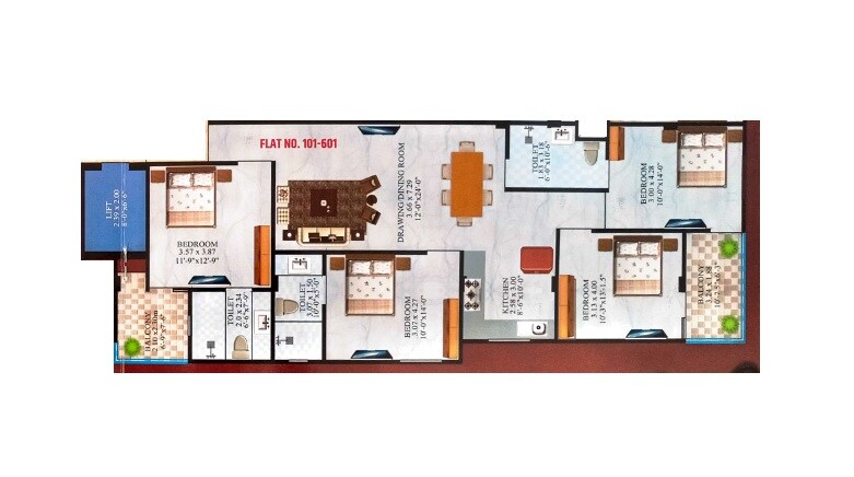 Floor plan of 4 BHK 1891 Sq. Ft. Apartment in ASKG Signature, Jaipur
