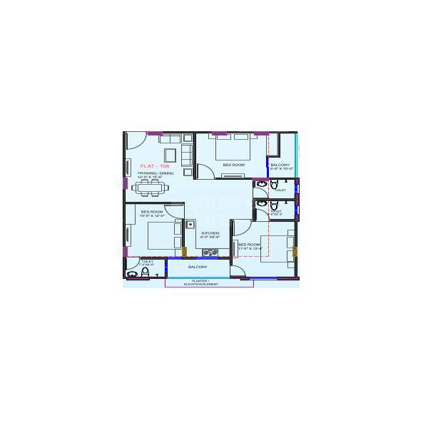 Floor plan of 3 BHK Apartment - 836 sq. ft. in Astha Empire I, Jaipur