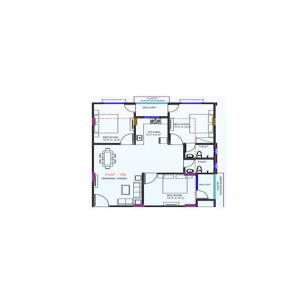 Floor plan of 3 BHK Apartment - 851 sq. ft. in Astha Empire I, Jaipur