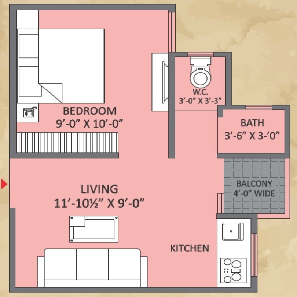 Floor plan of 1 BHK 369 Sq. Ft. Apartment in Auric City Homes Jaipur, Jaipur