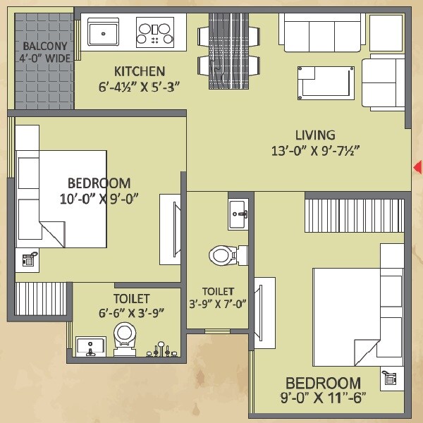 Floor plan of 2 BHK 567 Sq. Ft. Apartment in Auric City Homes Jaipur, Jaipur