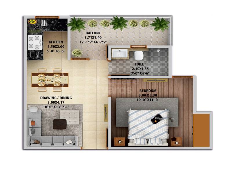 Floor plan of 1 BHK 564 Sq. Ft. Apartment in Auric The Century Park, Jaipur