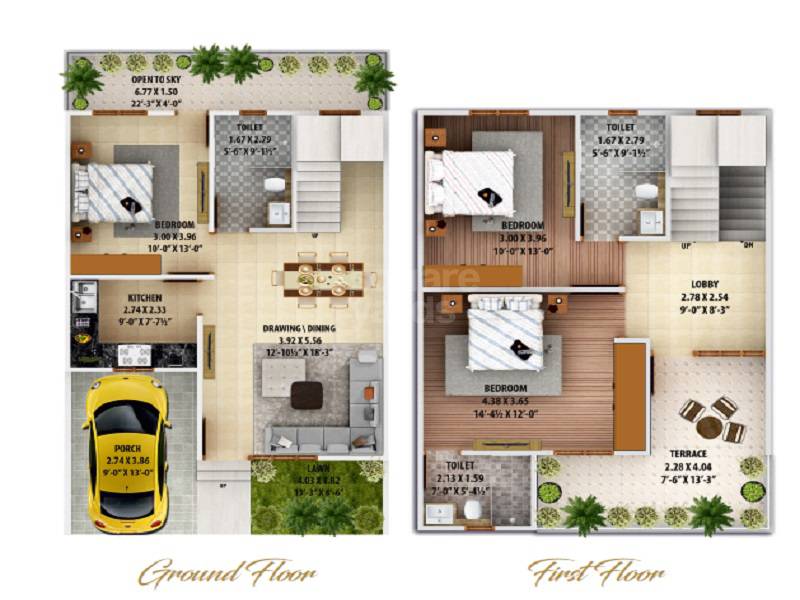 Floor plan of 3 BHK 1725 Sq. Ft. Villa in Auric The Century Park, Jaipur