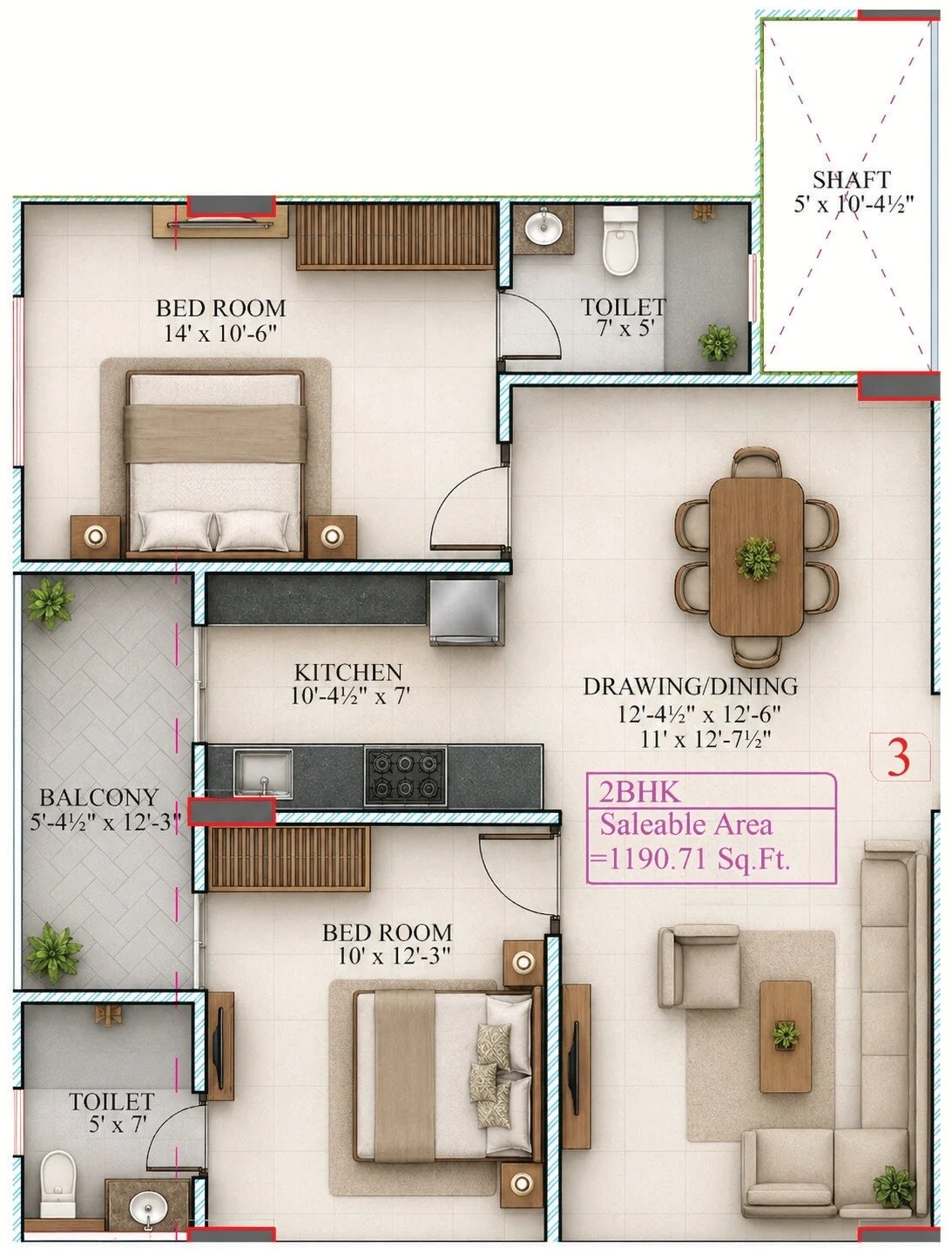 Floor plan of 2 BHK 1191 Sq. Ft. Apartment in Avenue The Mansion, Jaipur
