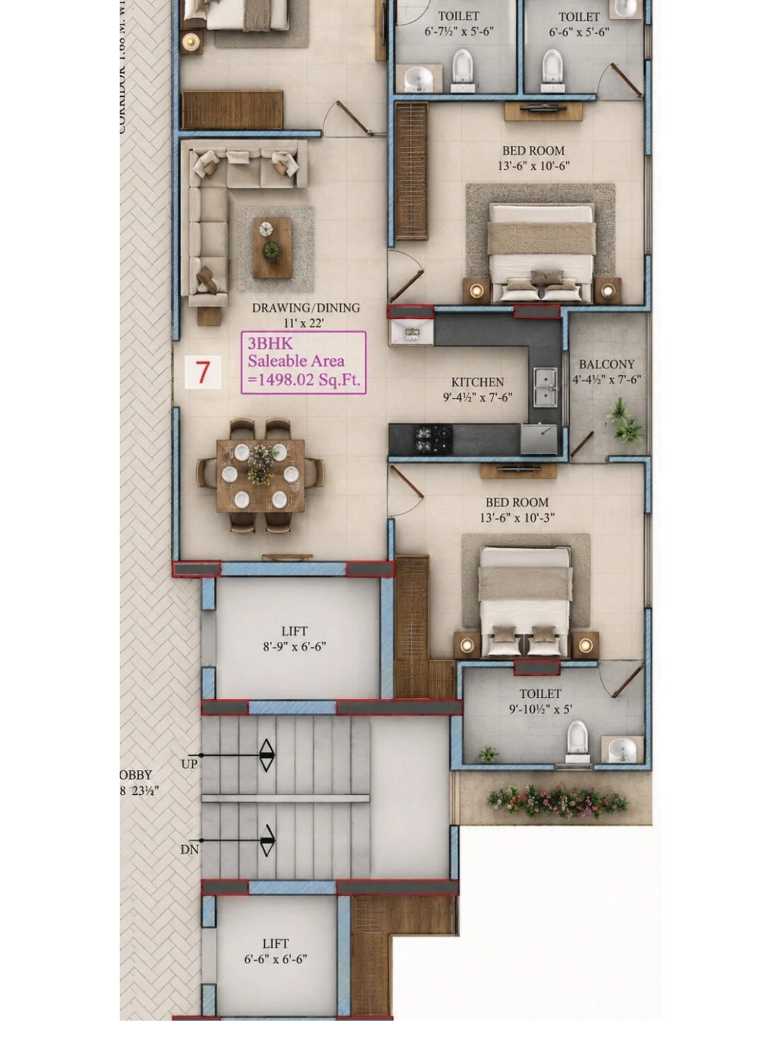 Floor plan of 3 BHK 1498 Sq. Ft. Apartment in Avenue The Mansion, Jaipur