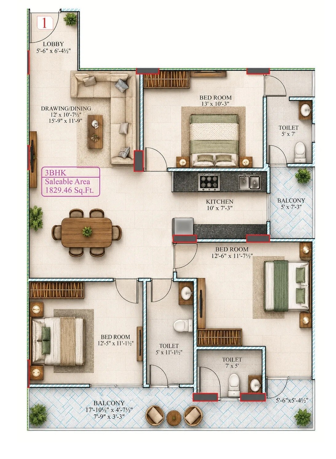 Floor plan of 3 BHK 1829 Sq. Ft. Apartment in Avenue The Mansion, Jaipur