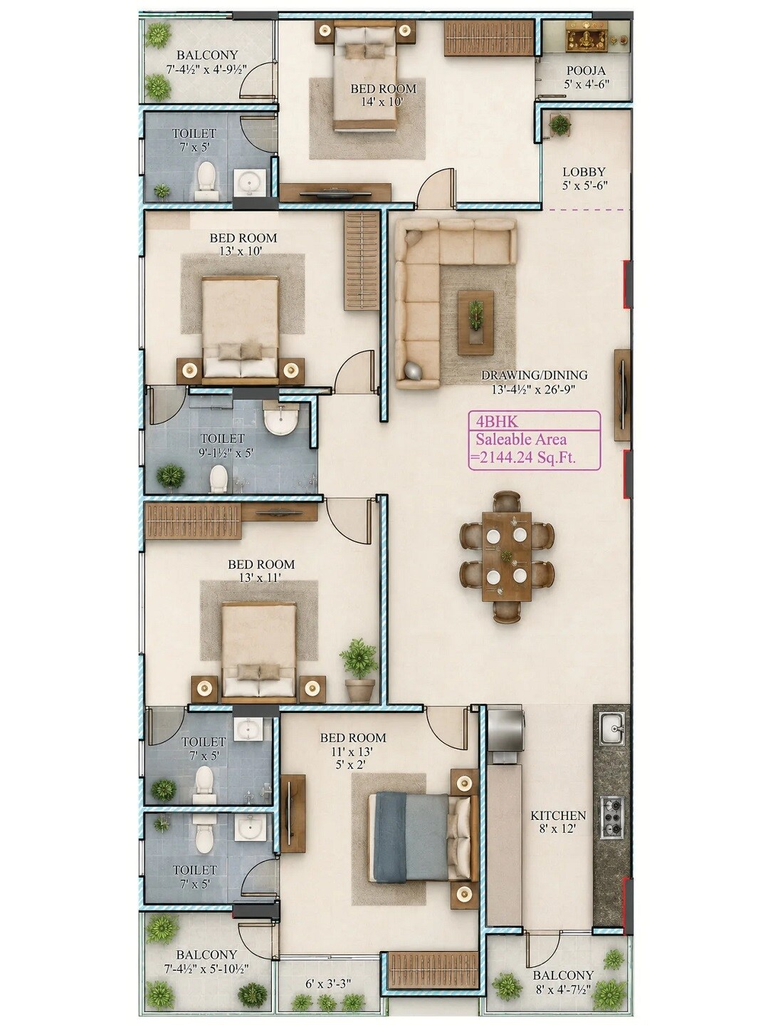 Floor plan of 4 BHK 2144 Sq. Ft. Apartment in Avenue The Mansion, Jaipur