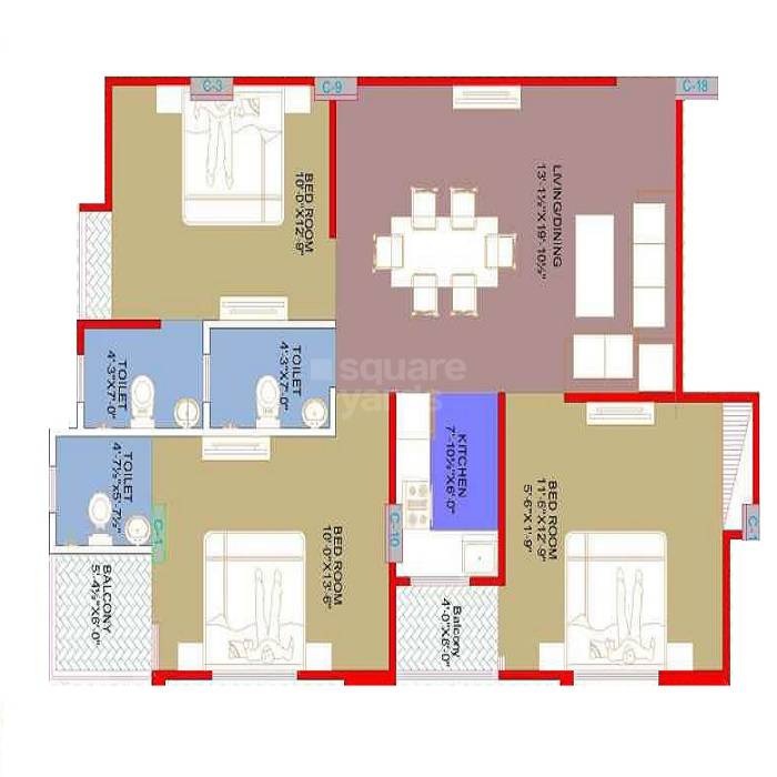 Floor plan of 3 BHK 761 Sq. Ft. Apartment in AVS AG Heights I, Jaipur