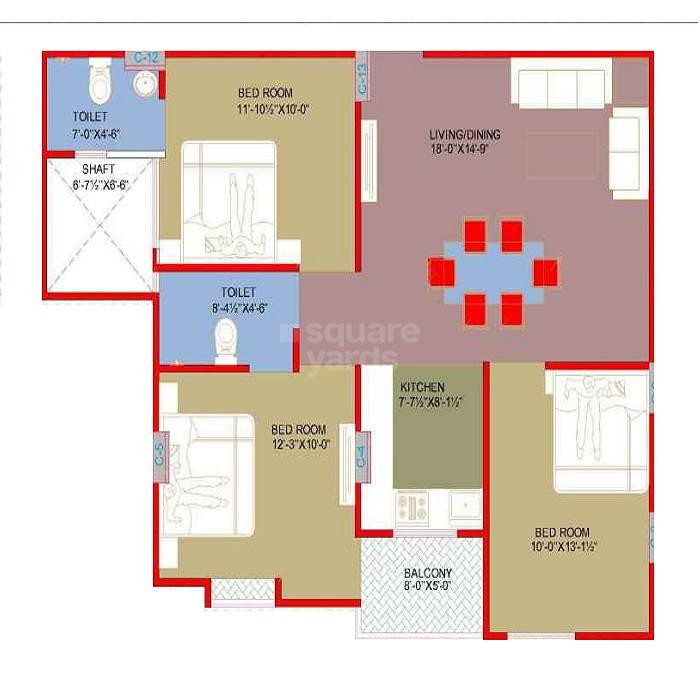 Floor plan of 3 BHK 915 Sq. Ft. Apartment in AVS AG Heights I, Jaipur