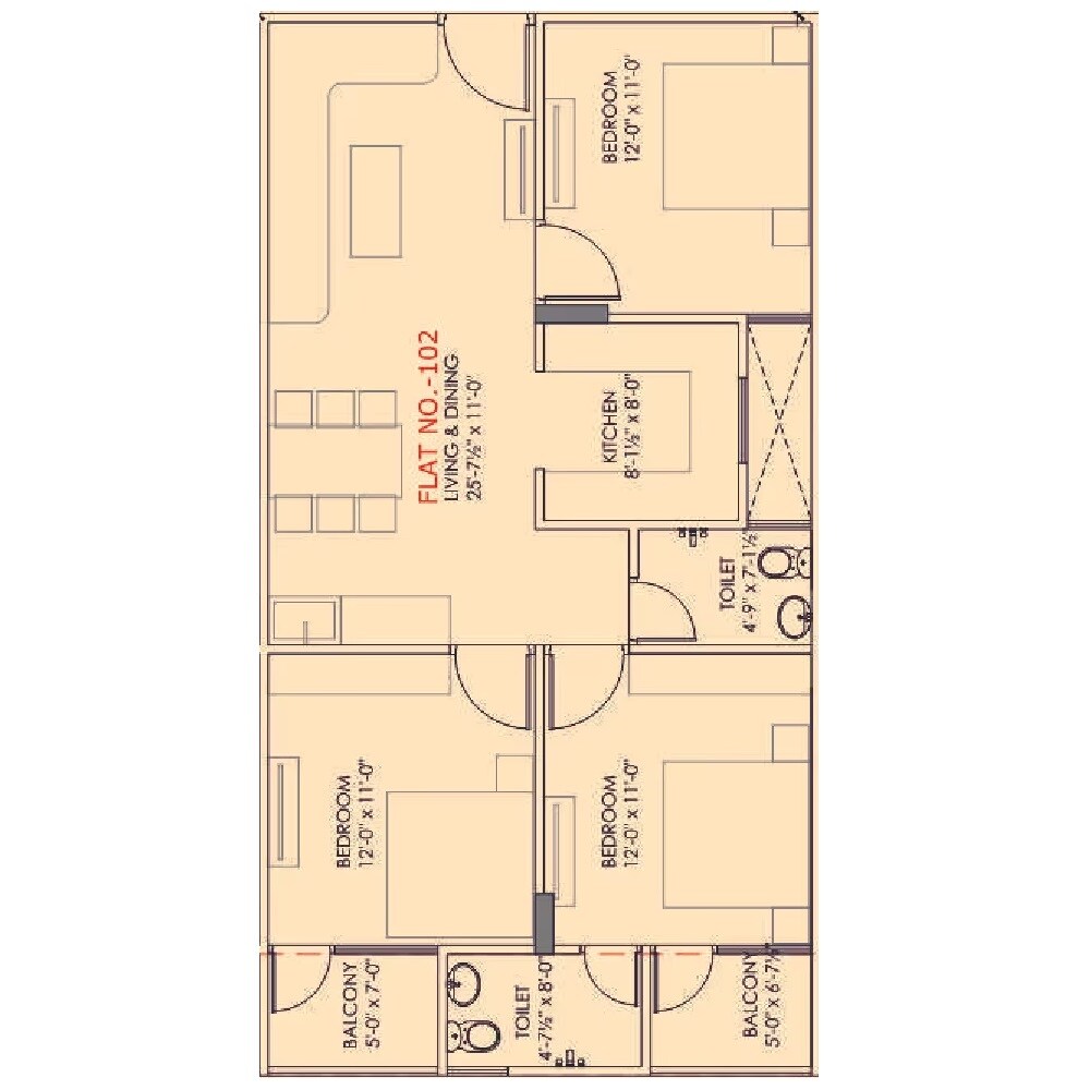 Floor plan of 3 BHK 1002 Sq. Ft. Apartment in Balaji Aashiyana, Jaipur