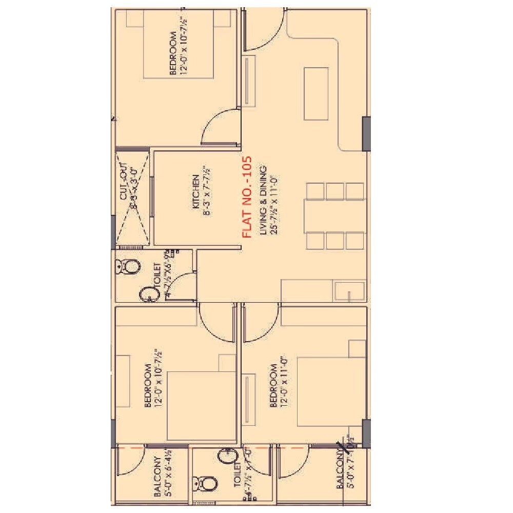 Floor plan of 3 BHK 821 Sq. Ft. Apartment in Balaji Aashiyana, Jaipur