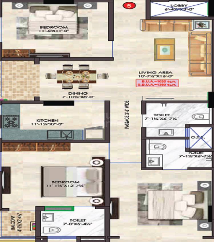 3 BHK 870 Sq. Ft. Apartment