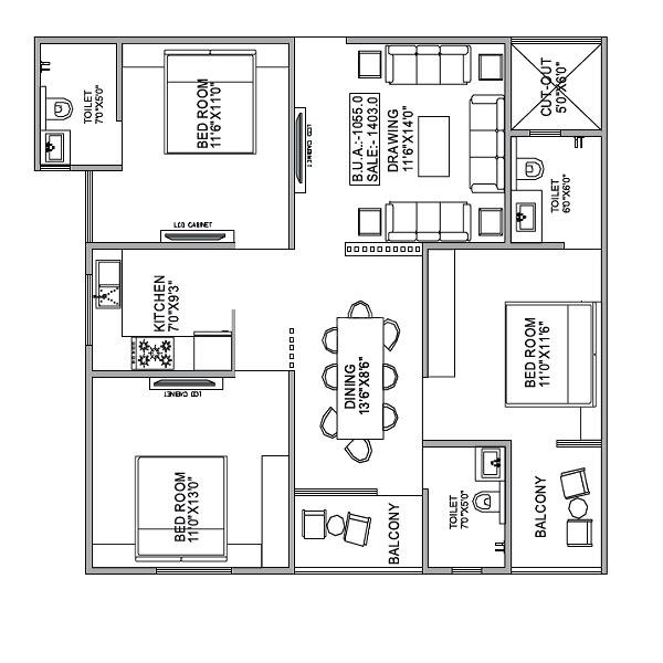 3 BHK 1403 Sq. Ft. Apartment