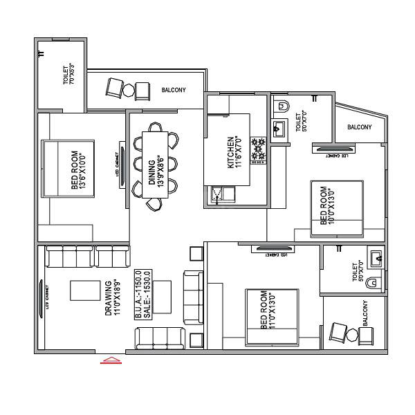 3 BHK 1530 Sq. Ft. Apartment