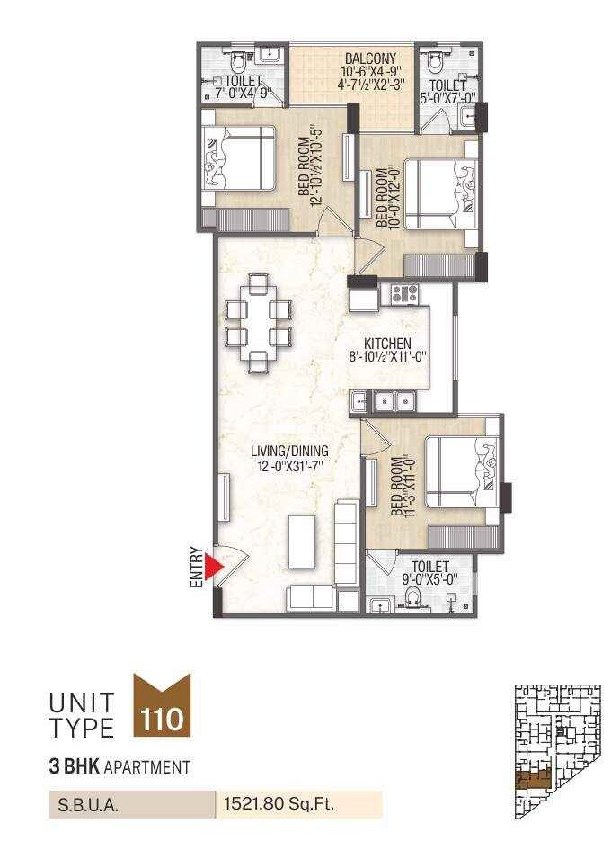 Floor plan of 3 BHK 1522 Sq. Ft. Apartment in Balaji The Velocity, Jaipur