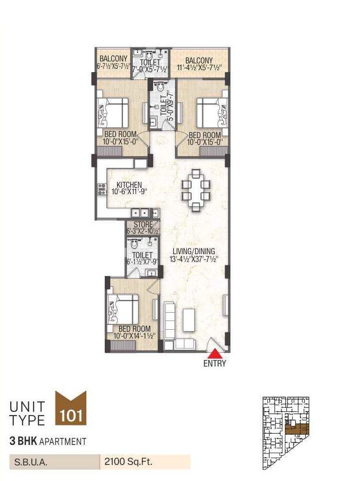 Floor plan of 3 BHK 2100 Sq. Ft. Apartment in Balaji The Velocity, Jaipur