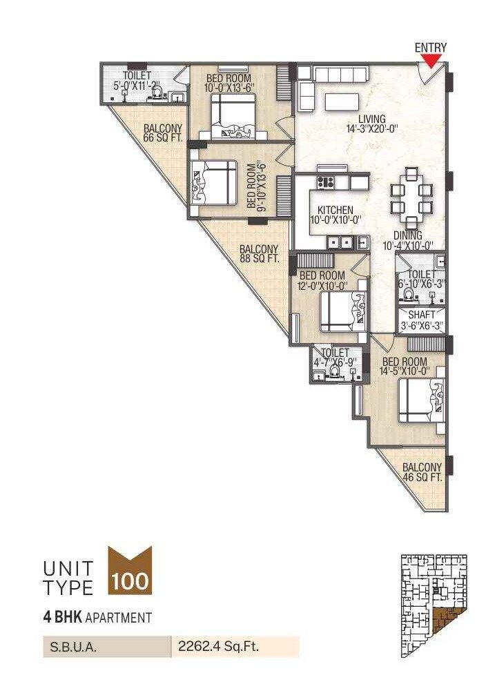 Floor plan of 4 BHK 2200 Sq. Ft. Apartment in Balaji The Velocity, Jaipur