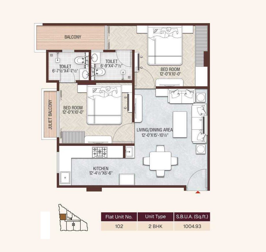 Floor plan of 2 BHK 1005 Sq. Ft. Apartment in Balaji The Velocity II, Jaipur