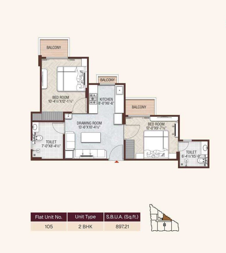 Floor plan of 2 BHK 897 Sq. Ft. Apartment in Balaji The Velocity II, Jaipur
