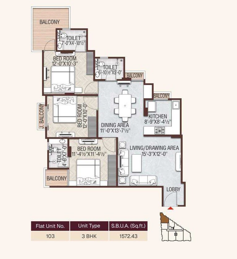 Floor plan of 3 BHK 1572 Sq. Ft. Apartment in Balaji The Velocity II, Jaipur