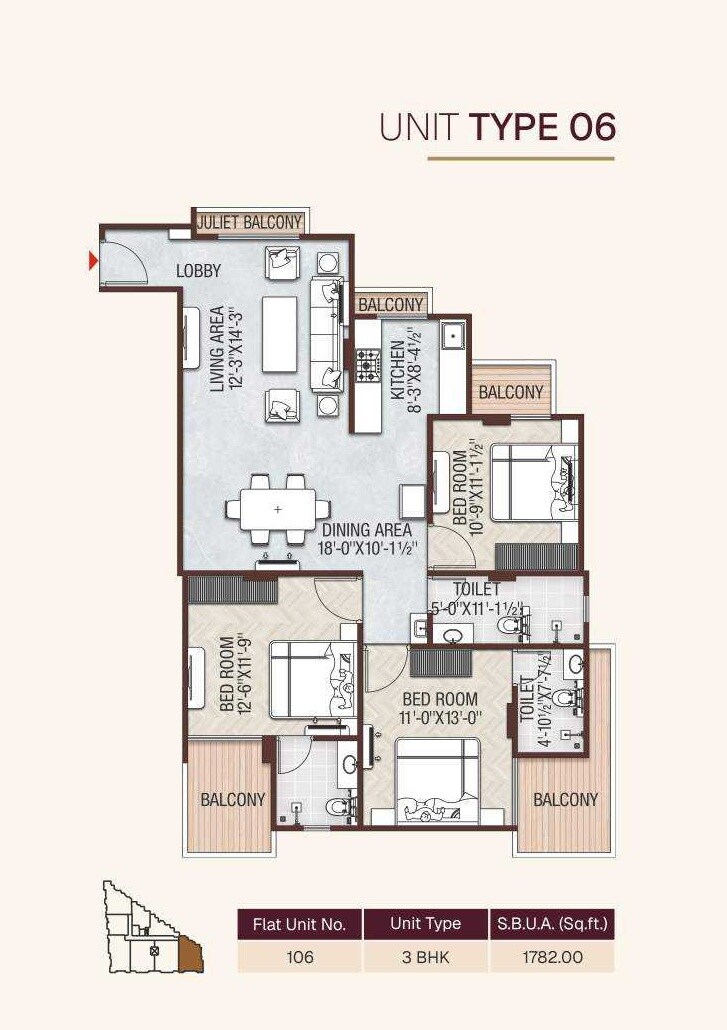 Floor plan of 3 BHK 1782 Sq. Ft. Apartment in Balaji The Velocity II, Jaipur