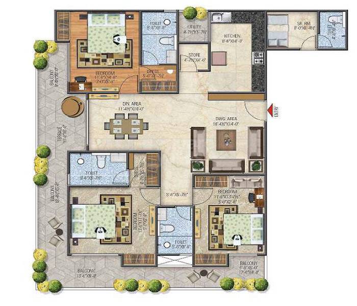 Floor plan of 3 BHK 2507 Sq. Ft. Apartment in Ballpark Imperial Garden, Jaipur