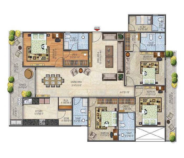 Floor plan of 4 BHK 2911 Sq. Ft. Apartment in Ballpark Imperial Garden, Jaipur