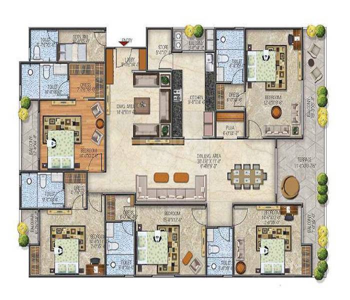 Floor plan of 5 BHK 3776 Sq. Ft. Apartment in Ballpark Imperial Garden, Jaipur