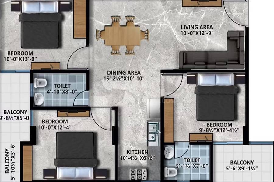 Floor plan of 3 BHK 1362 Sq. Ft. Apartment in Bhavya Residency Narayan Vihar, Jaipur