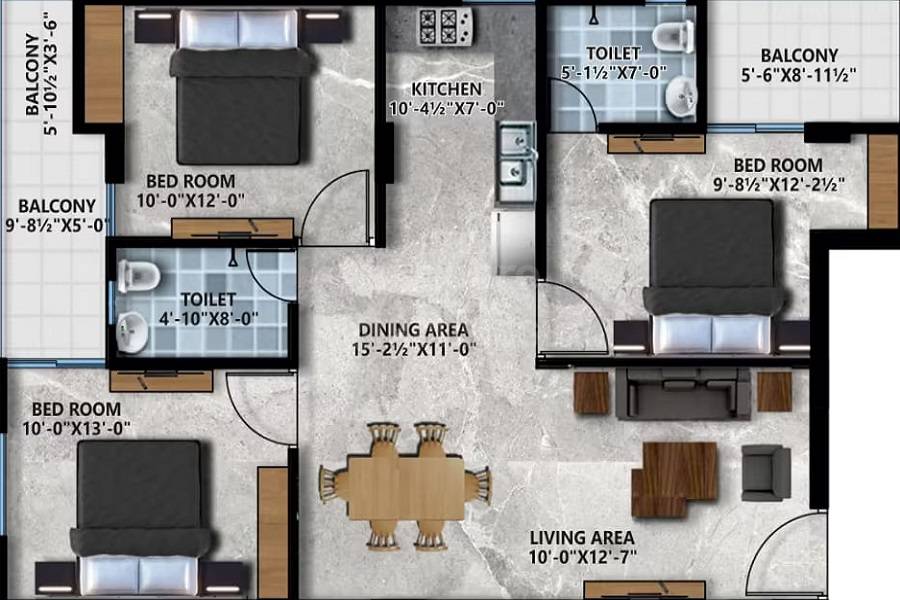 Floor plan of 3 BHK 1396 Sq. Ft. Apartment in Bhavya Residency Narayan Vihar, Jaipur