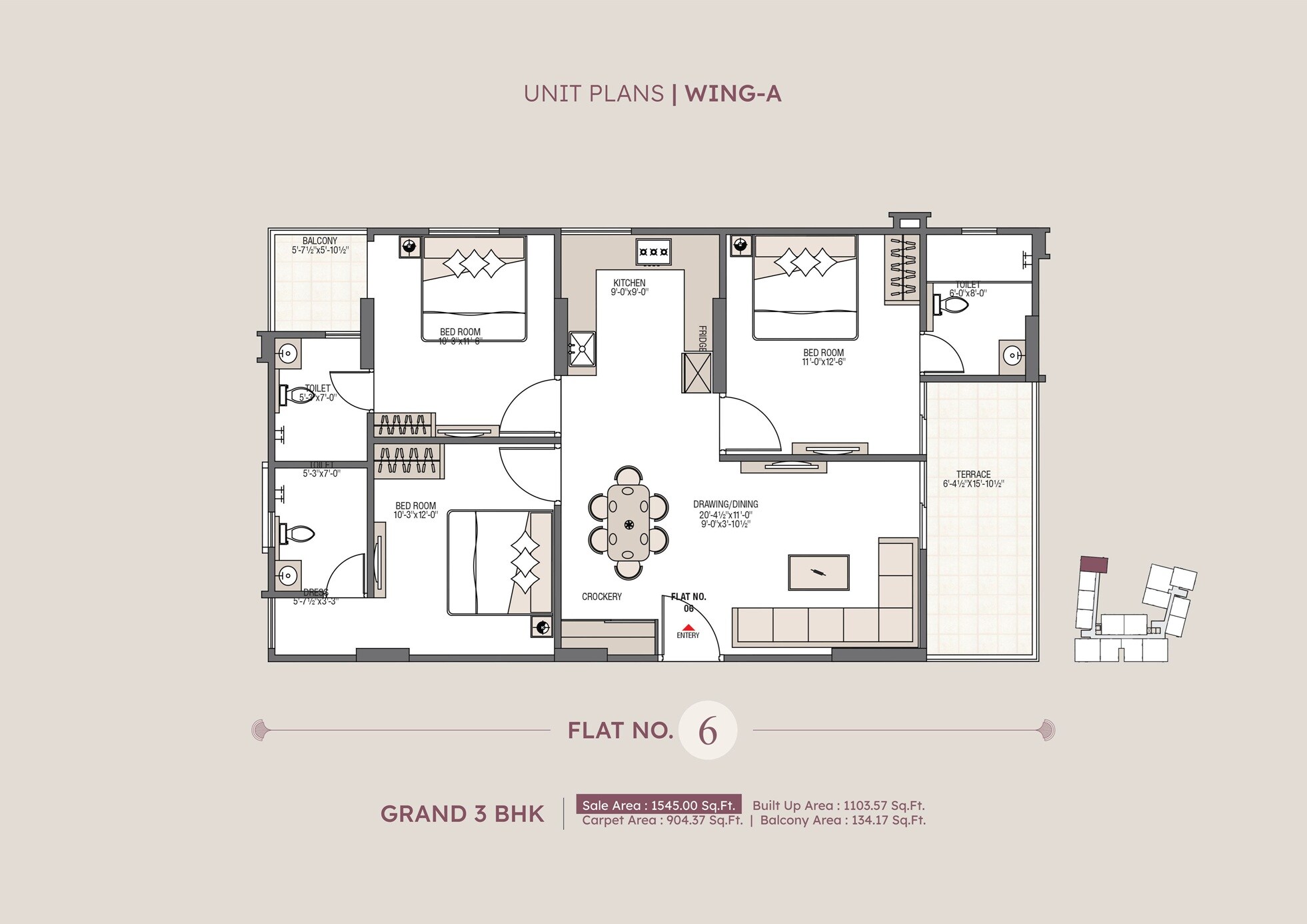 Floor plan of 3 BHK 1545 Sq. Ft. Apartment in Bhavyaa Green Aroma, Jaipur