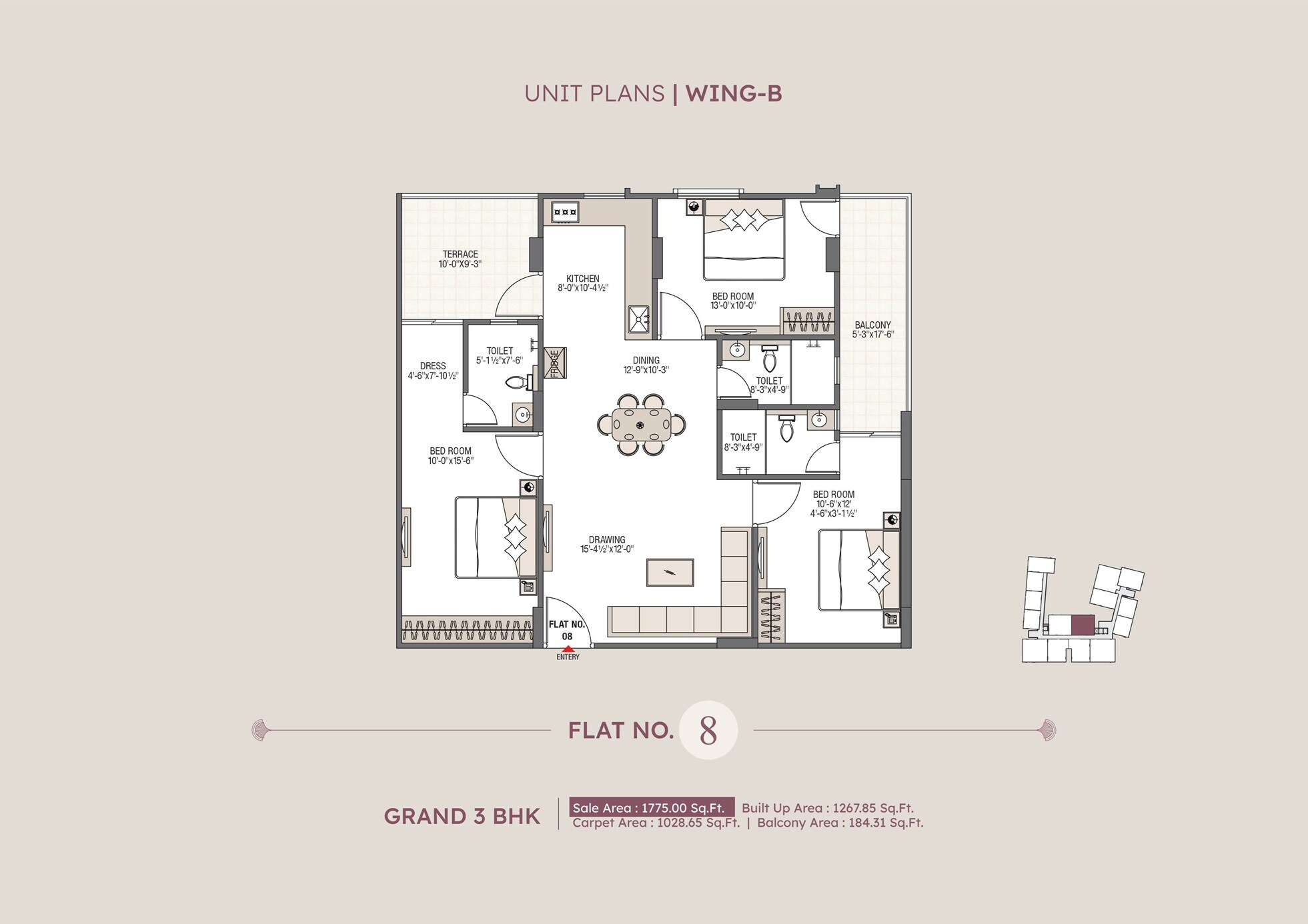 Floor plan of 3 BHK 1775 Sq. Ft. Apartment in Bhavyaa Green Aroma, Jaipur
