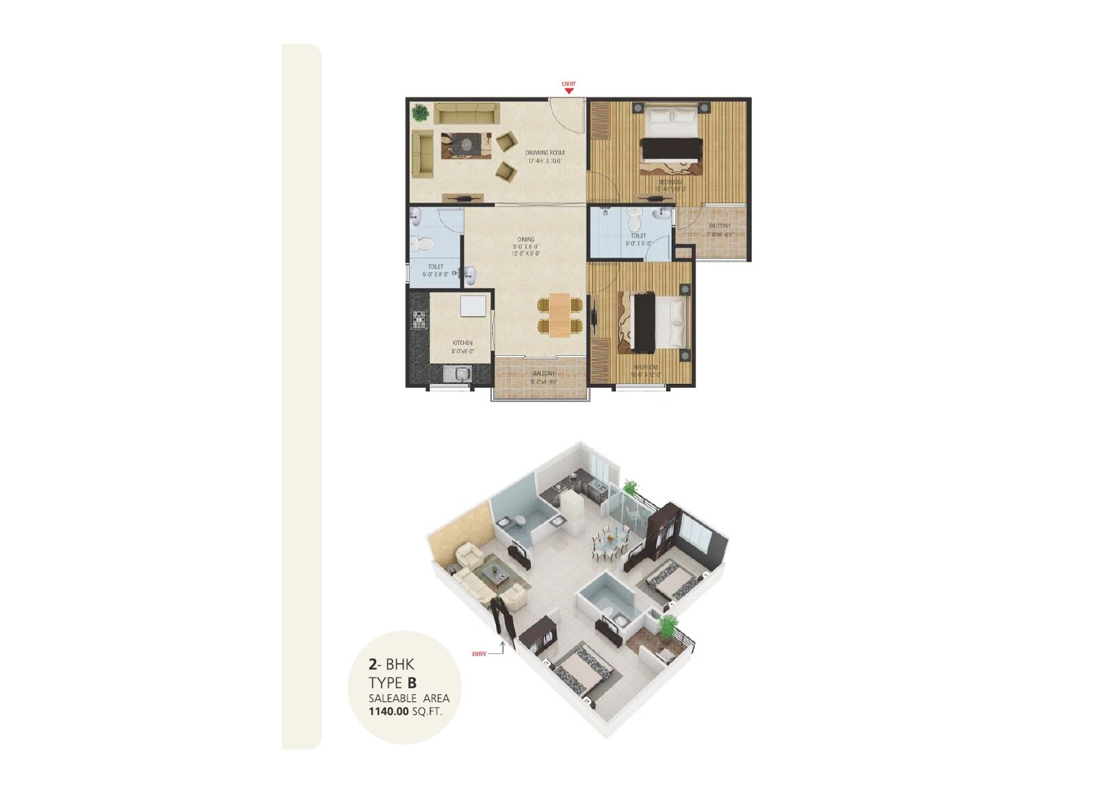 Floor plan of 2 BHK 1140 Sq. Ft. Apartment in Bony Dreams, Jaipur
