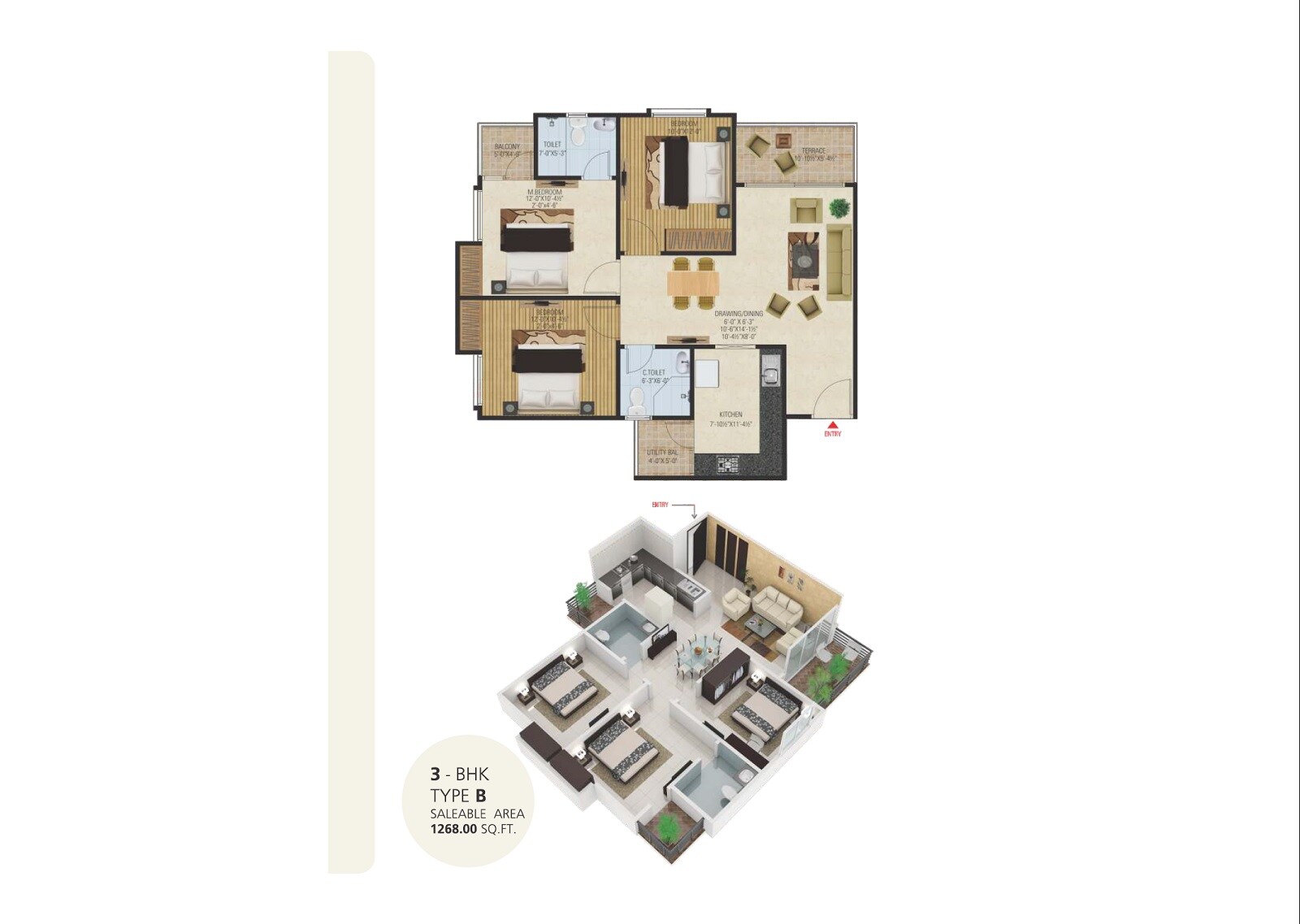 Floor plan of 3 BHK 1268 Sq. Ft. Apartment in Bony Dreams, Jaipur