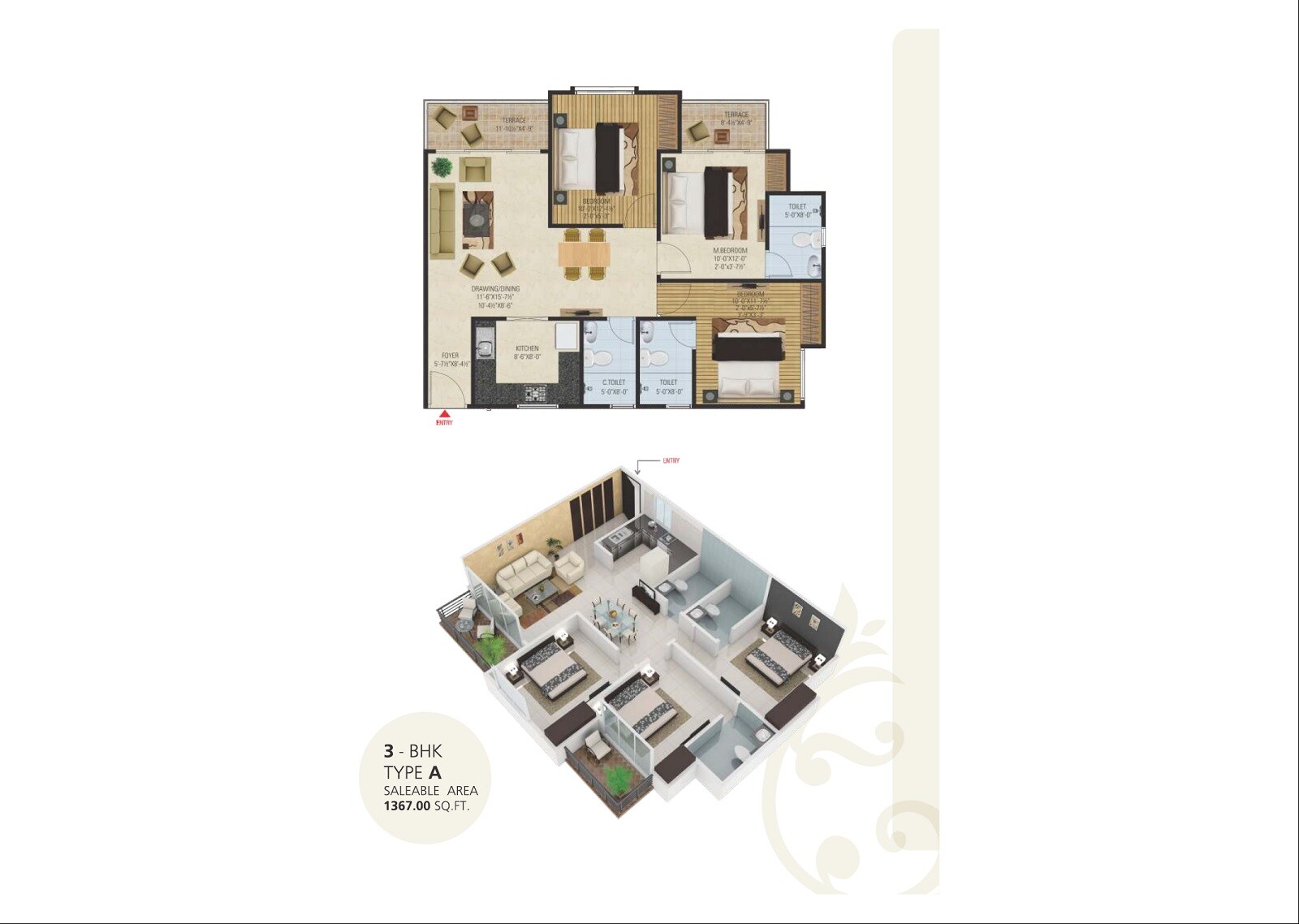 Floor plan of 3 BHK 1367 Sq. Ft. Apartment in Bony Dreams, Jaipur